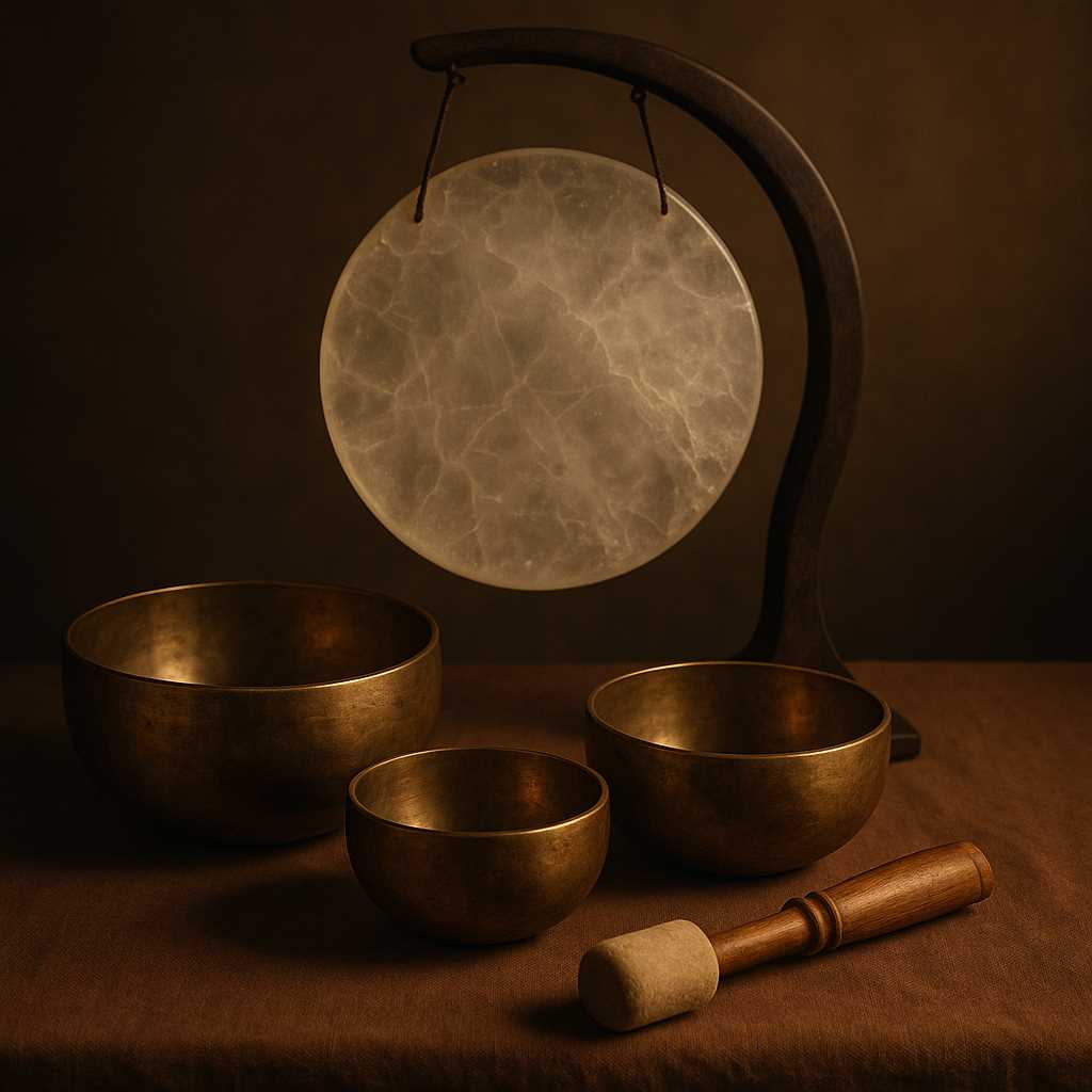 Tibetan singing bowls and crystal gongs used for healing